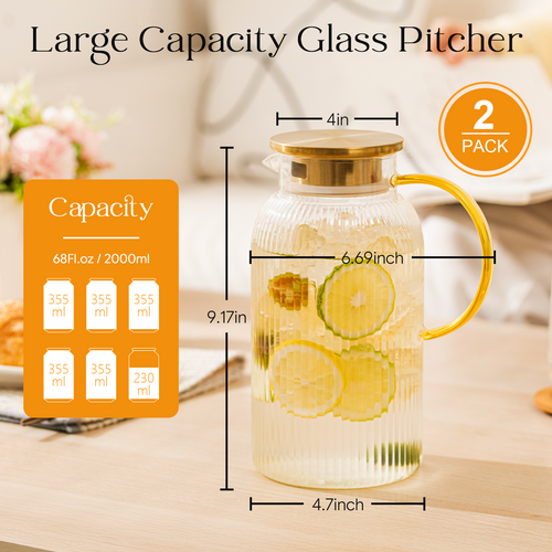 2 Pack 68 oz Glass Pitcher with Lid